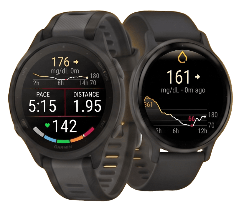 GGlance on two Garmin watches: live glucose in a workout data field, and the full-screen app showing number, trend and graph